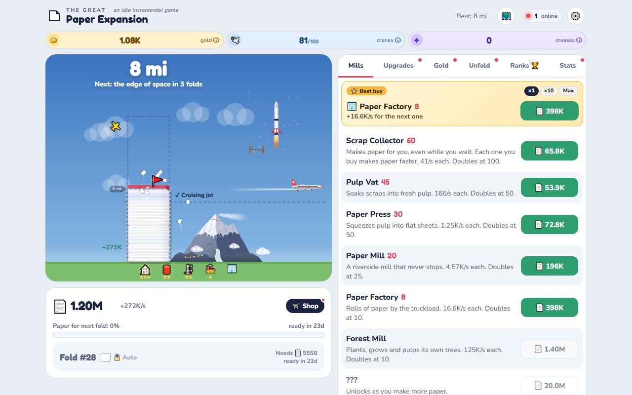 The free browser idle game on a computer: the paper stack passing Mount Everest, with the mills beside it