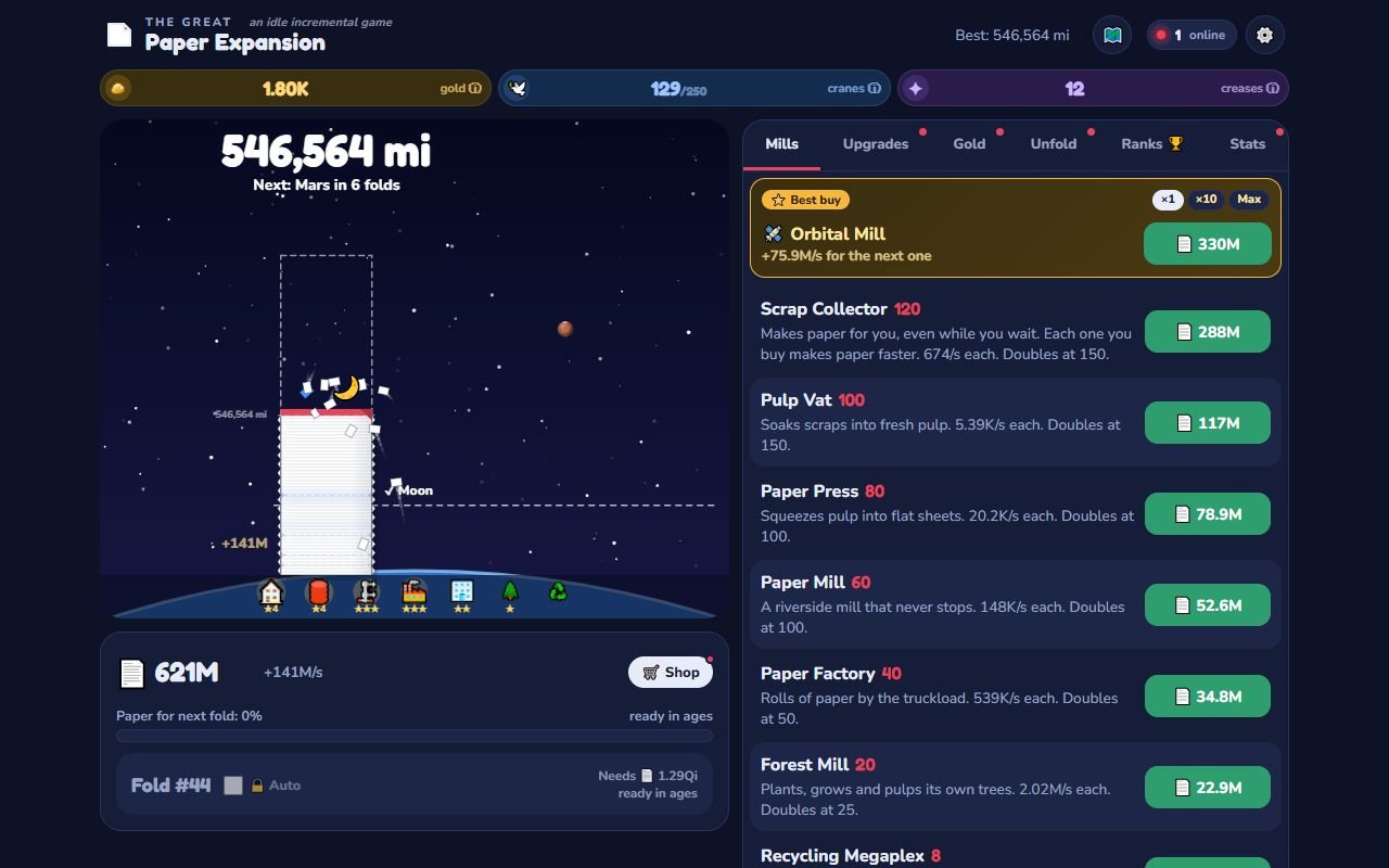 The incremental game on a computer at night, the paper stack past the Moon