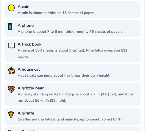 The field guide listing landmarks passed, each with its fact