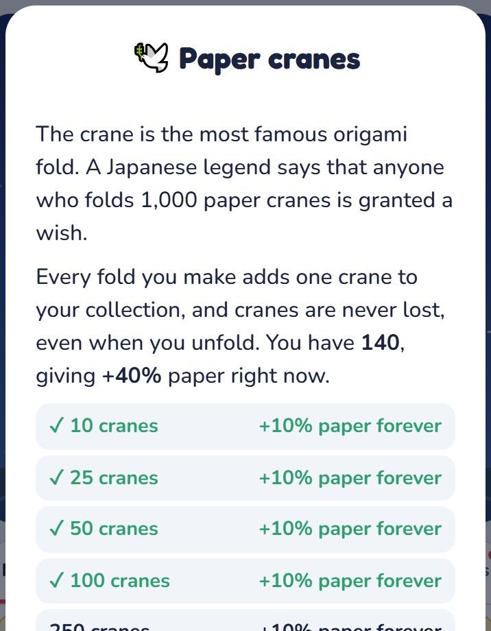 The paper cranes card with crane milestones and their bonuses