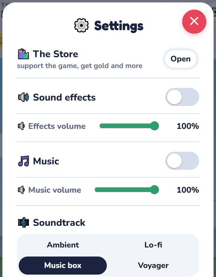 The Settings card: sound, music, tips, graphics, theme and units