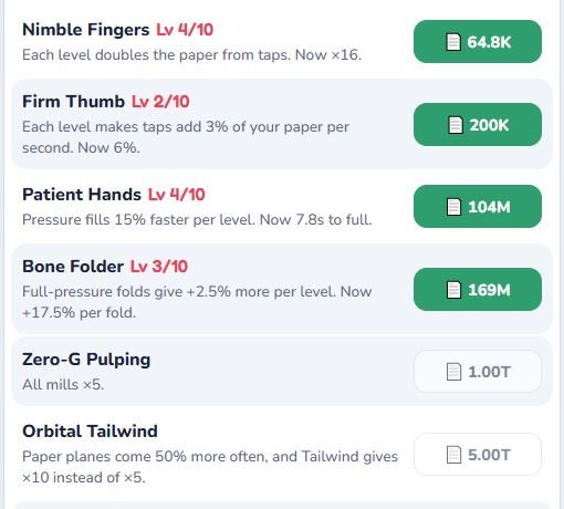 Upgrades with levels, some unlocked by reaching landmarks