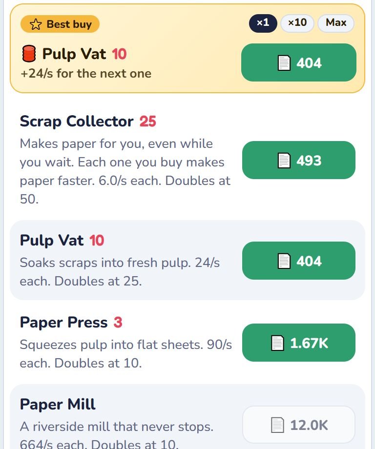 The Mills tab: paper mills that make paper automatically, with the Best buy badge