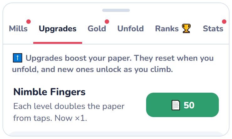 The Upgrades tab in the incremental game