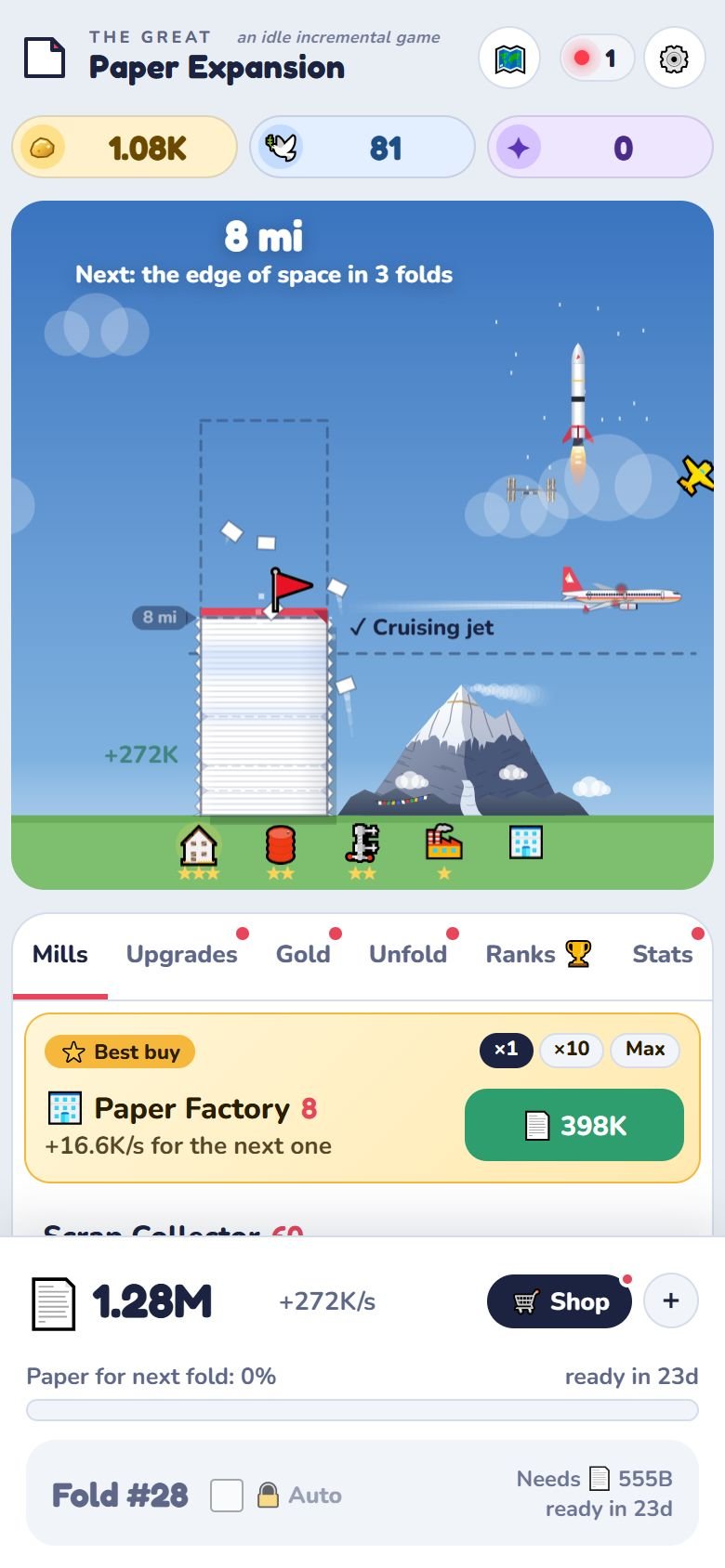 The paper stack in the idle game towering over Mount Everest and a cruising jet